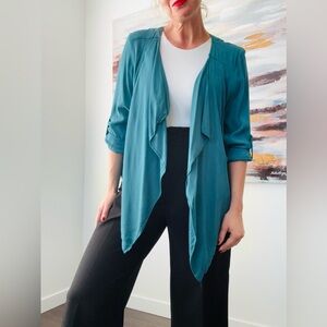 ANTHROPOLOGIE Elevenses Eldora Teal Open Front Drape Blazer Jacket Large